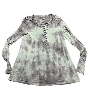 Y2K American Eagle Outfitters Gray Tie dye Lace front top long sleeve 2000s